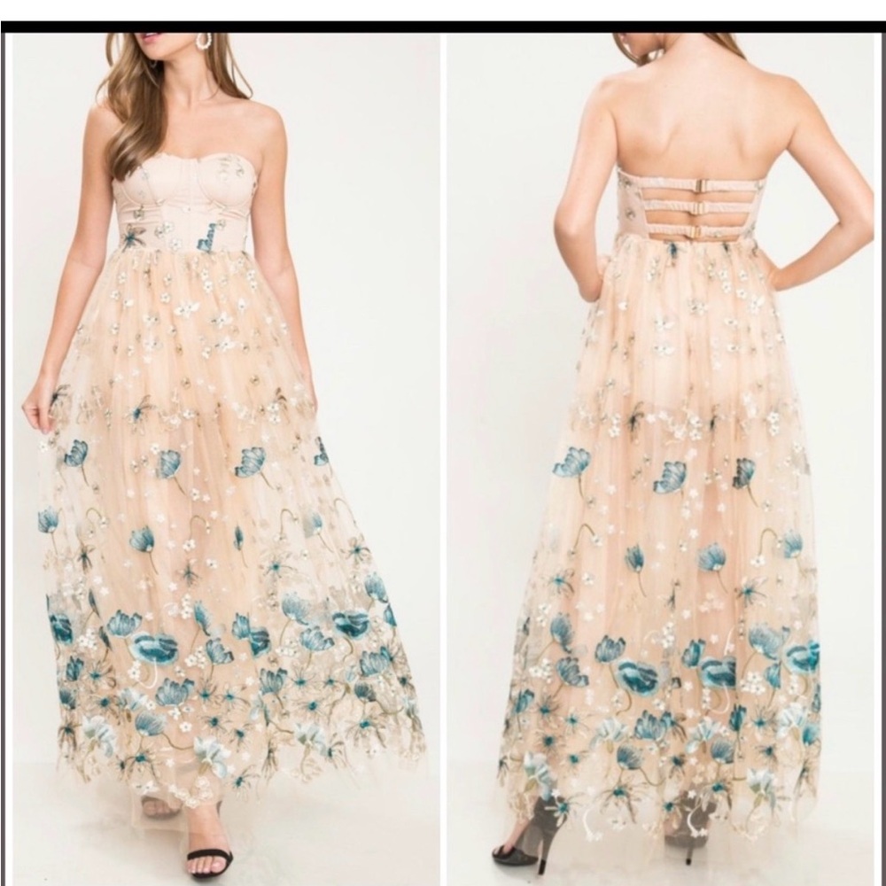 L'ATISTE Nude-Champagne Flora Embroidered Strapless Tulle Gown Spring/Weddin